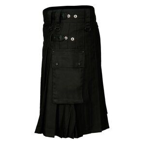 Men's Black Scottish Kilt  Cotton Utility Kilt Adjustable Leather Straps Size 48